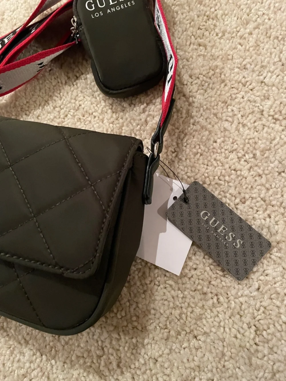 Guess Olive Green Mini Crossbody with Black, Red & White Logo Strap - Picture 4 of 13